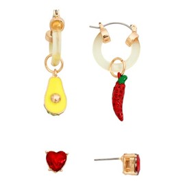 Betsey Johnson Avocado and Red Chili Pepper Huggie & Red Crystal Heart Stud Earrings Set