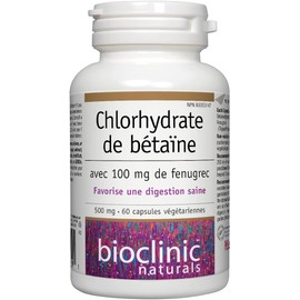 Bioclinic Naturals Betaine HCI 500 mg with 100 mg of Fenugreek Digestive Enzyme, 60 Vegetarian Capsules, Supports Healthy Digestion, Proudly Canadian