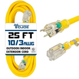 YOJOE Indoor Outdoor Extension Cord with Lighted End, 3 Prong 15A Weatherproof Power Extension Cord, 10 Gauge Heavy Duty 25 ft Yellow Extension Cord for Garage, Garden and Home, 10/3 SJTW UL Listed