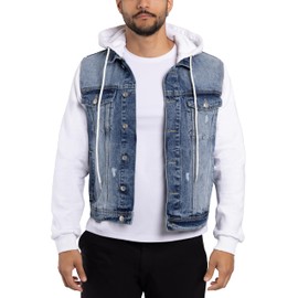 X RAY Mens Denim Jacket, Washed Ripped Distressed Flex Stretch Casual Trucker Biker Jeans Jacket for Men, Fleece Hood & Sleeve - Medium Blue, Medium
