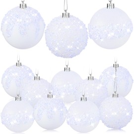 Syhood 12 Pieces Glitter Christmas Ball Ornaments 3.15'' Rhinestone Sequin Shatterproof Christmas Tree Decorations Hanging Plastic Balls for Xmas Trees Wedding Party Holiday Decor (White)