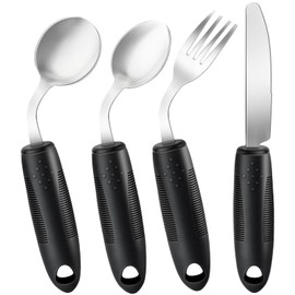 AuntyFey 4Pcs Weighted Adaptive Utensils, 45°Angled Parkinsons Utensils for Elderly, Weighted Utensils for Hand Tremors, 3.5oz Weighted Built Up Utensils for Parkinson, Disabled, Black, Left-Handed