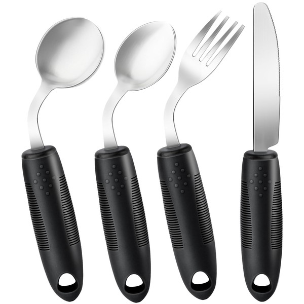 AuntyFey 4Pcs Weighted Adaptive Utensils, 45°Angled Parkinsons Utensils for Elderly,
