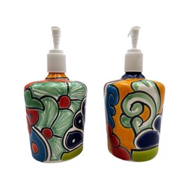 Talavera Soap/Lotion Dispenser 2pc Hand Painted Ceramic Handmade Home Decor Mexican Pottery Multicolor
