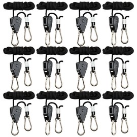 12 Pack Rope Clip Hanger 1/8 Inch 8 FT Adjustable Lifting Pulley Lanyard Hanger with M5 Iron Galvanized Carabiner, Reinforced Metal Internal Gears Ratchets 150lbs Capacity, Black