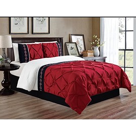 Grand Linen 3 Piece Full Size Burgundy Red/Black/White Double-Needle Stitch Puckered Pinch Pleat All-Season Bedding-Down Alternative Embroidered Comforter Set