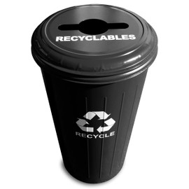 Witt Industries 10/1CTBK Steel 20-Gallon Recycling Trash Can with Combination Top, Legend "Recyclables, Recycle", Round, 30" Height, Black