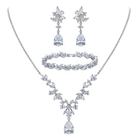 Clearine Wedding Cubic Zirconia Jewellery Set for Brides Bridesmaids, Crystal Drop Pendant Necklace Tennis Bracelet Chandelier Leaf Dangle Earrings for Women Clear Silver-Tone