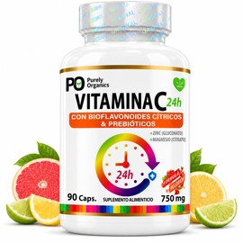Vitamina C con Zinc y Magnesio | Bioflavonoides Cítricos + Prebióticos | Liberación Prolongada Activo por 24hrs | 90 cápsulas veganas | Purely Organics