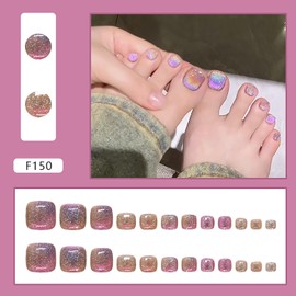 Toe Nail Press ons Full Cover Gradient Rainbow Fake Toenails Short Square Toe Nails Summer False Toe Nails Cute Toe Nails Press ons Glossy Toenails for Pedicure Decorations 24 Pcs