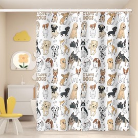 Umpoo I Love Dogs Shower Curtain for Kids Bathroom - Various Cute Little Dog Animal Bone Shower Curtain with Hooks, Waterproof Fabric Polyester, 48x72 Inch