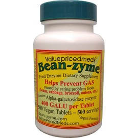 ValuePricedMeds Bean-Zyme Gas Relief for Adults Extra Strength (500 ct) is 400 GAUL per Tablet Alpha Galactosidase, Vegan, Cost Less, Digestive Enzyme Dietary Supplement Natural Food Enzyme