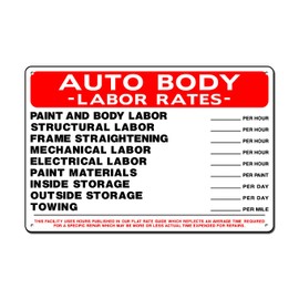 Everett Goodman Home Decor - Safety Sign Auto Body Labor Rates 8" x 12" Metal Tin Sign