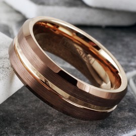 Stunning 6mm/8mm Bronze Brown Tungsten Carbide Band Ring w/Rose Gold Recessed Stripe & Matching Inner Band. (6mm 9)
