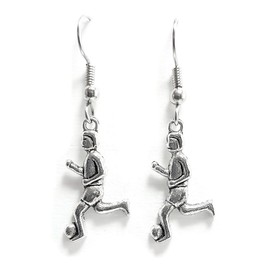 Sports – Soccer Player - 24x13mm - Silver alloy charm dangle earrings. Hypoallergenic Stainless-Steel Fishhook or Silver Plated Ball-Post, or Clip-on Earrings Opt.