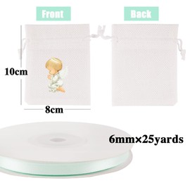 BETESSIN Pack of 24 Jute Bags with Drawstring Jute Bag White Linen Bags with Guardian Angel Motif Gift Bags 8 x 10 cm Gift Packaging for Christening Baby Shower Wedding Communion Confirmation etc.