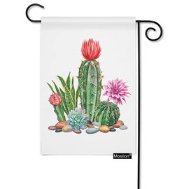 Moslion Cactus Garden Flags Double Sided Watercolor Green Garden Cacti Stones Pink Flower Yard Flag 12.5x18 Inch Burlap Banners Home Decorative Outdoor Villa