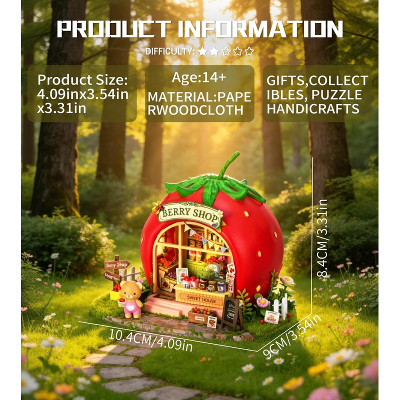 Roroom DIY Miniature House Kit, Strawberry Sweet Shop Dollhouse Kit