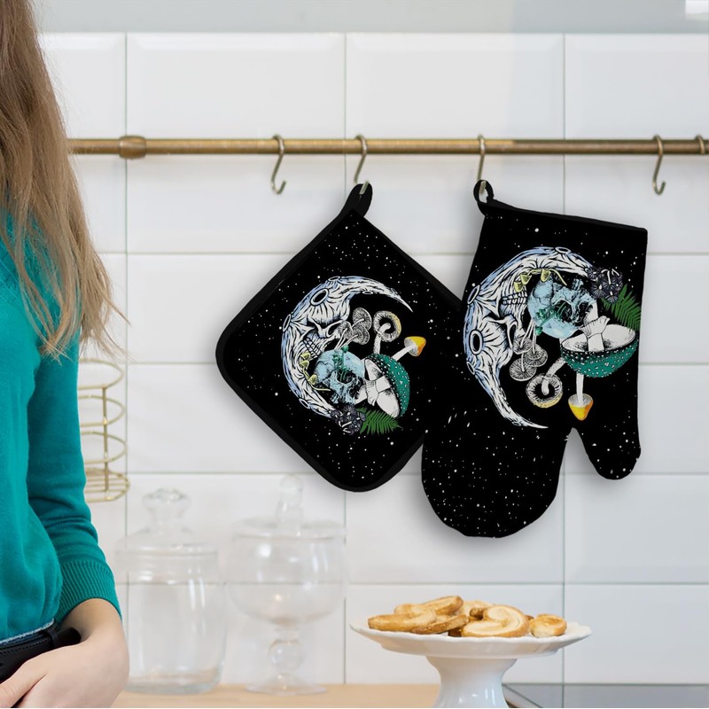 Mingnei Goth Skull Mushroom Oven Mitts and Pot Holders Sets,