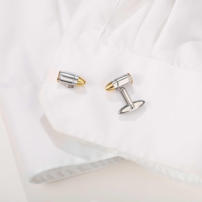3D Bullet-Shaped Cufflinks,Stainless Steel with Gold Accents (Cufflinks Box Included)