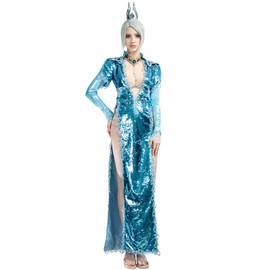 Cosplay.fm Women’s Game Elf Cleric Cosplay Shadow Blue Long Dress with Shoulder Armor Neckpiece (Blue, S)