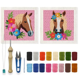 ACRNIGHEET 2Pcs Horse Punch Needle Kits for Adults Beginners, Include Instructions, Punch Needle Embroidery Kit, Pre-Printed Horse and Flower Pattern, Frame, Yarns, Sewing Needles, Exquisite Gifts