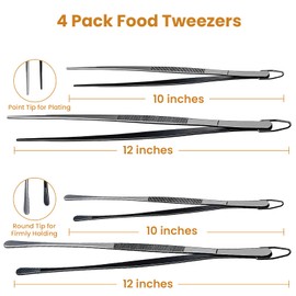 GEEKHOM 4-Piece 12 & 10-Inch Cooking Tongs: Professional Stainless Steel Scissor Tongs Set with Non-Slip Grip (Black)