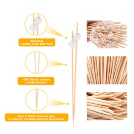 200 Pcs Cocktail Picks, 4.7 Inch Toothpicks for Appetizers, Bamboo Cocktail Sticks Skewers for Drinks, Desserts, Charcuterie, Wedding Party Fancy Toothpicks, White Pearl Mini Food Picks Decorative