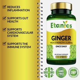 Etanics Ginger Capsules |High Strength 3200mg Ginger Root Extract Supplement | for Sickness, Nausea & Joint Pain |Suitable for Vegetarians and Vegans - Made in The UK