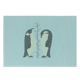 Lunarable Blue and Beige Cutting Board, Penguin Couple Lovers Tree of Heart Branches Romantic Valentines, Decorative Tempered Glass Cutting and Serving Board, Small Size, Pale Blue Grey Beige