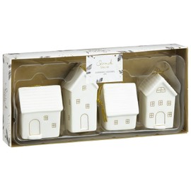 Set of 4 Small White Scandi Snow Ceramic Houses Baubles Tree Hanging Christmas Decor Gift