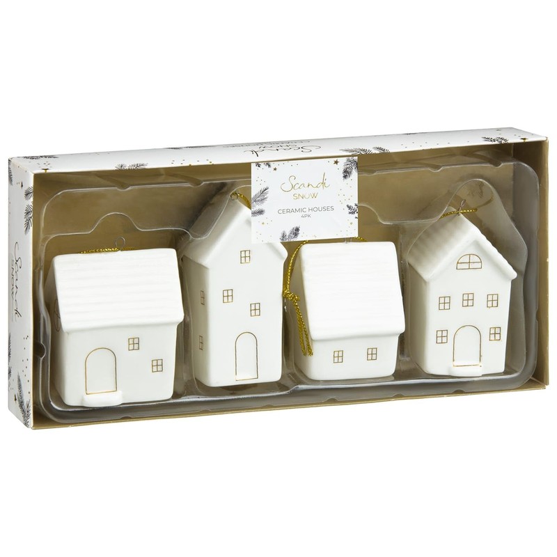 Set of 4 Small White Scandi Snow Ceramic Houses Baubles