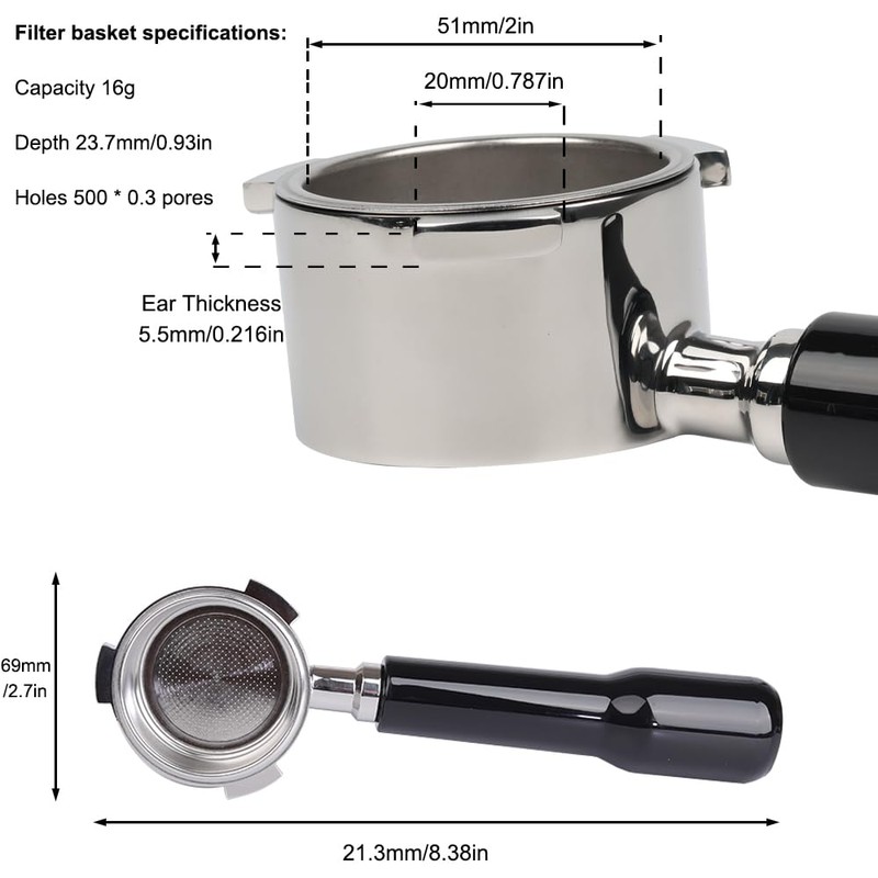 Bottomless Portafilter 51 mm for DeLonghi Dedica EC680/EC685/EC785/EC820/EC850/EC860, with 2