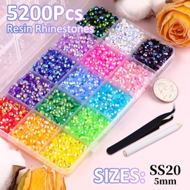 5200Pcs Resin Jelly Rhinestones for Crafting, Mixed-Color 5mm Flatback Gems, Bedazzling Crystal with 3Pcs 10ml B7000 Jewelry Glue for DIY Crafts Clothing Tumblers Shoes Nail Art