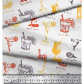 Soimoi White Cotton Voile Fabric Tequila Sunrise,Margarita & Rosemary Fizz Drinks Beverages Printed Craft Fabric by The metre 42 Inch Wide