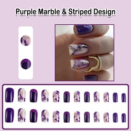 ANDGING Purple Marble Press on Nails Short Medium Square Fake Nails with Gold Line Striped Design Glue on Nails for Wedding Birthday Acrylic False Nails 24Pcs Women Stick on Nail with Glue QL88K1