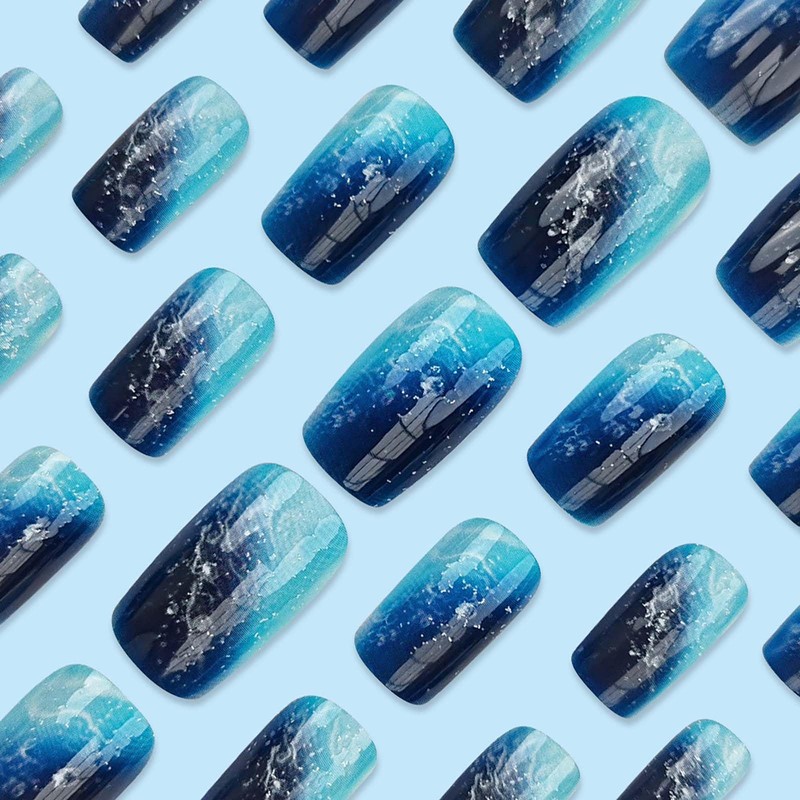 QQPPOLIU Short Press on Nails Square Shape with Sea Wave