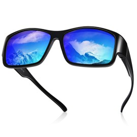 TINHAO Polarisierte Sonnenbrille zum Überziehen,Überbrille zum Umwickeln für Brillenträger UV-Schutz(Schwarz-blau)