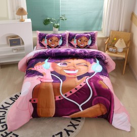 African American Black Girl Comforter Set for Kids and Adults, Twin Size Girls Love Music Purple Hair Themed Bedding Comforter with 2 Afro Hair Magic Girls Pillowcases - 68" x 86"