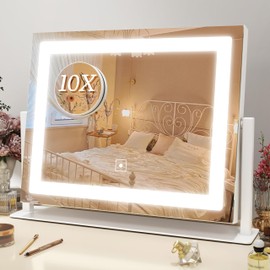 ROLOVE Lighted Vanity Mirror with Magnification, 10X Magnifying Makeup Mirror with Smart Touch Control, 360° Rotation, 3-Color Modes, White, 16"x12"