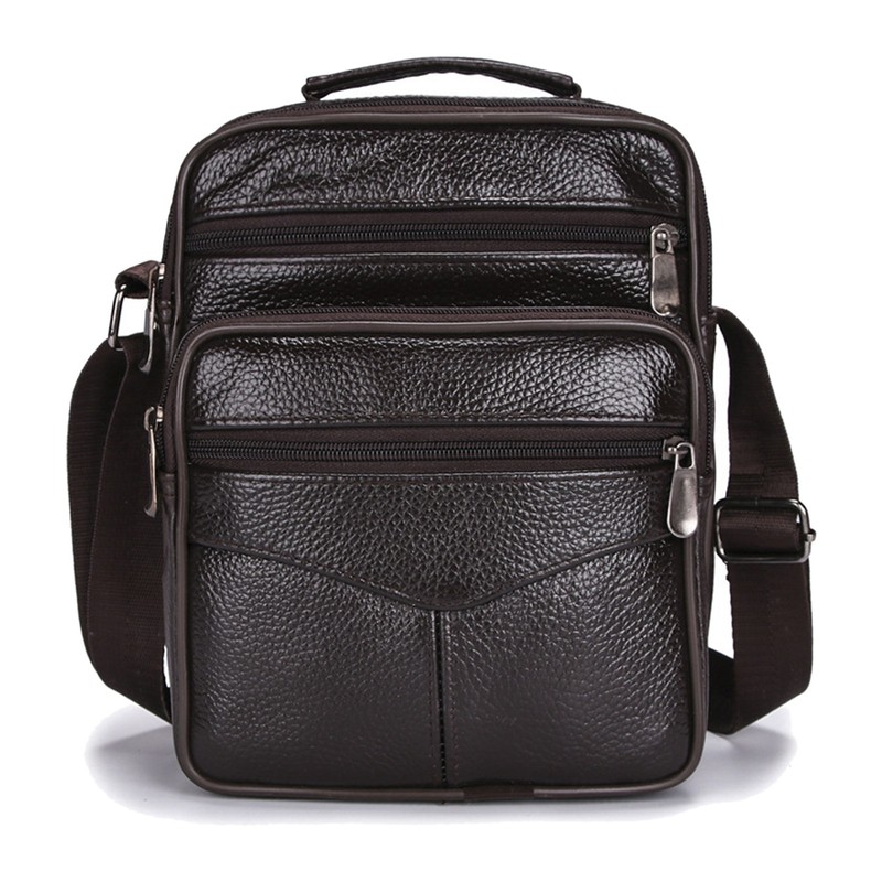 Business Shoulder Bag Black Cowhide Metal Zippers Large Capacity Business