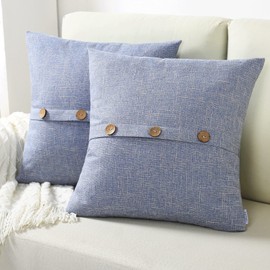 FUTEI Grey Blue Linen Decorative Throw Pillow Covers 18x18 Inch Set of 2, Square Cushion Case with Vintage Button/Zipper,Modern Farmhouse Home Decor for Couch,Bed