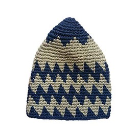 Hand-Crocheted Cotton Sturdy Blue & Khaki Zigzag Kufi Skull Cap Beanie Hat