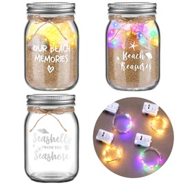 3 Pcs Beach Sand Jar Mason Seashell Jars 380 ml with 4 Light Strings Rope Glass Sand Mason Jars Decorative Sand Bottles with Lid Beach Keepsake Jar for Housewarming Wedding Honeymoon Ocean Supplies