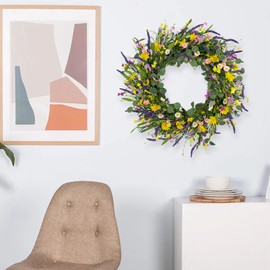 J'FLORU Large Spring Wreaths for Front Door 28 Inch Artificial Spring Wreath Summer Flower Wreath with Daisy and Lavender for Indoor Outdoor Wall Window and Easter Celebration