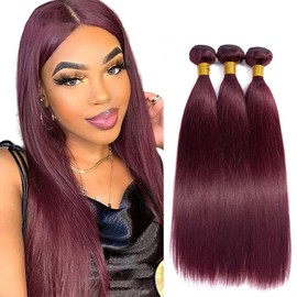 Luxvogue 12 14 16 Inch Human Hair Bundles Burgundy 99J Straight Bundles Human Hair 12A Unprocessed Quick Wave for Black Women Soft Sewn In with Double Weft