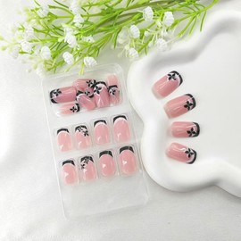 Medium Press on Nails Square Black French Tip Acrylic Nails Press ons with White Lines Design Flower Glue on Nails Pink Full Cover Fake Nails Glossy Cute Artificial False Nails for Girls 24Pcs