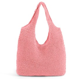 QTKJ Hand-woven Soft Large Straw Shoulder Bag Boho Straw Handle Tote Retro Summer Beach Bag Rattan Handbag (Bright Pink)
