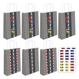 16 PCS DIY Checkered Racing Treat Bags,Black and White Goodie Bags with Handles,Race Car Favor Bags Checkered Candy Bags for Birthday Race Car Party Themed Supplies (48pcs DIY Racing Stickers