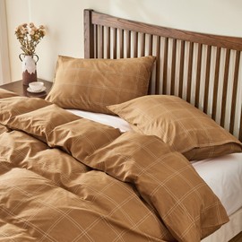 JELLYMONI 100% Natural Cotton King Duvet Cover Set, 3pcs Plaid Duvet Cover Sets with Zipper Closure, Grid Geometric Pattern Comforter Cover, Rust